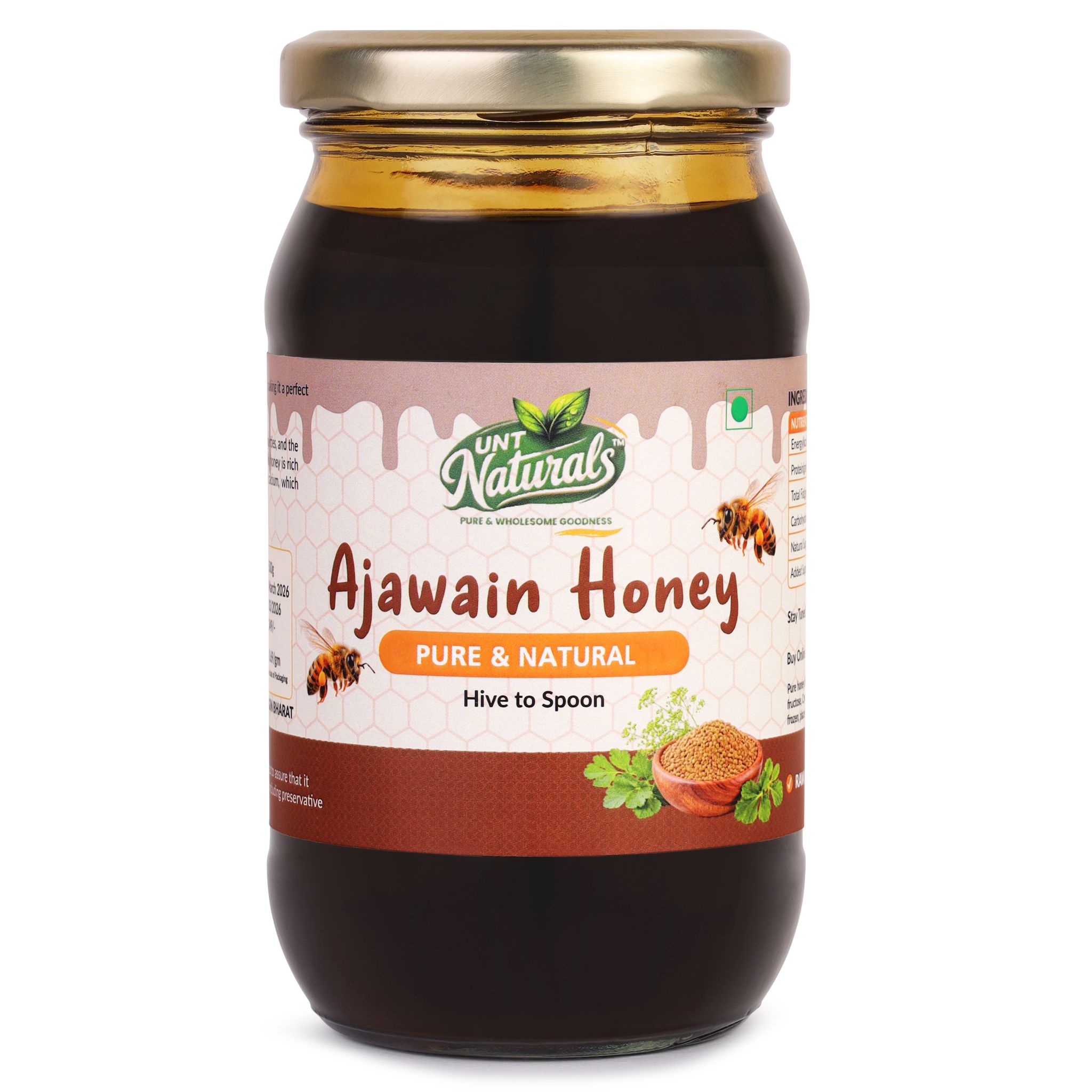 UNT Naturals Ajwain Honey 500g- Raw & Natural Honey- Pure, Unfiltered & Unprocessed Shahad- No Added Sugar- Healthy, Naturally Contains Enzymes & Antioxidants- Ideal for Cooking, Baking & Daily Use