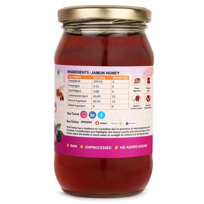 UNT Naturals Raw Jamun Honey 500g- Pure Unfiltered, Unprocessed, Unpasteurized & Unheated Shahad- No Added Sugar- Rich in Nutrients & Antioxidant- Natural Sweetener for Tea, Cooking & Baking