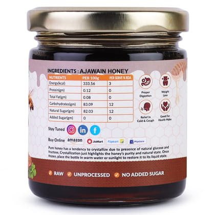 UNT Naturals Ajwain Honey 250g- Raw & Natural Honey- Pure, Unfiltered & Unprocessed Shahad- No Added Sugar- Healthy, Naturally Contains Enzymes & Antioxidants- Ideal for Cooking, Baking & Daily Use