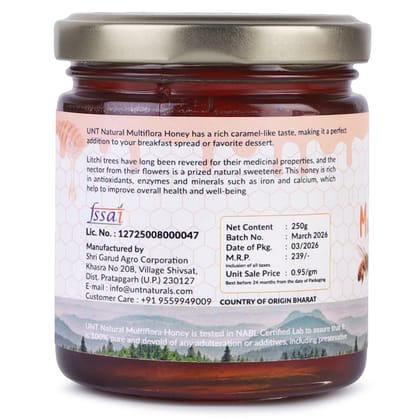 UNT Naturals Multiflora Honey 250g- Raw & Natural Honey- Pure, Unfiltered, Unprocessed Shahad- No Added Sugar- Naturally Contains Enzymes & Antioxidant- Ideal for Cooking, Baking & Daily Use